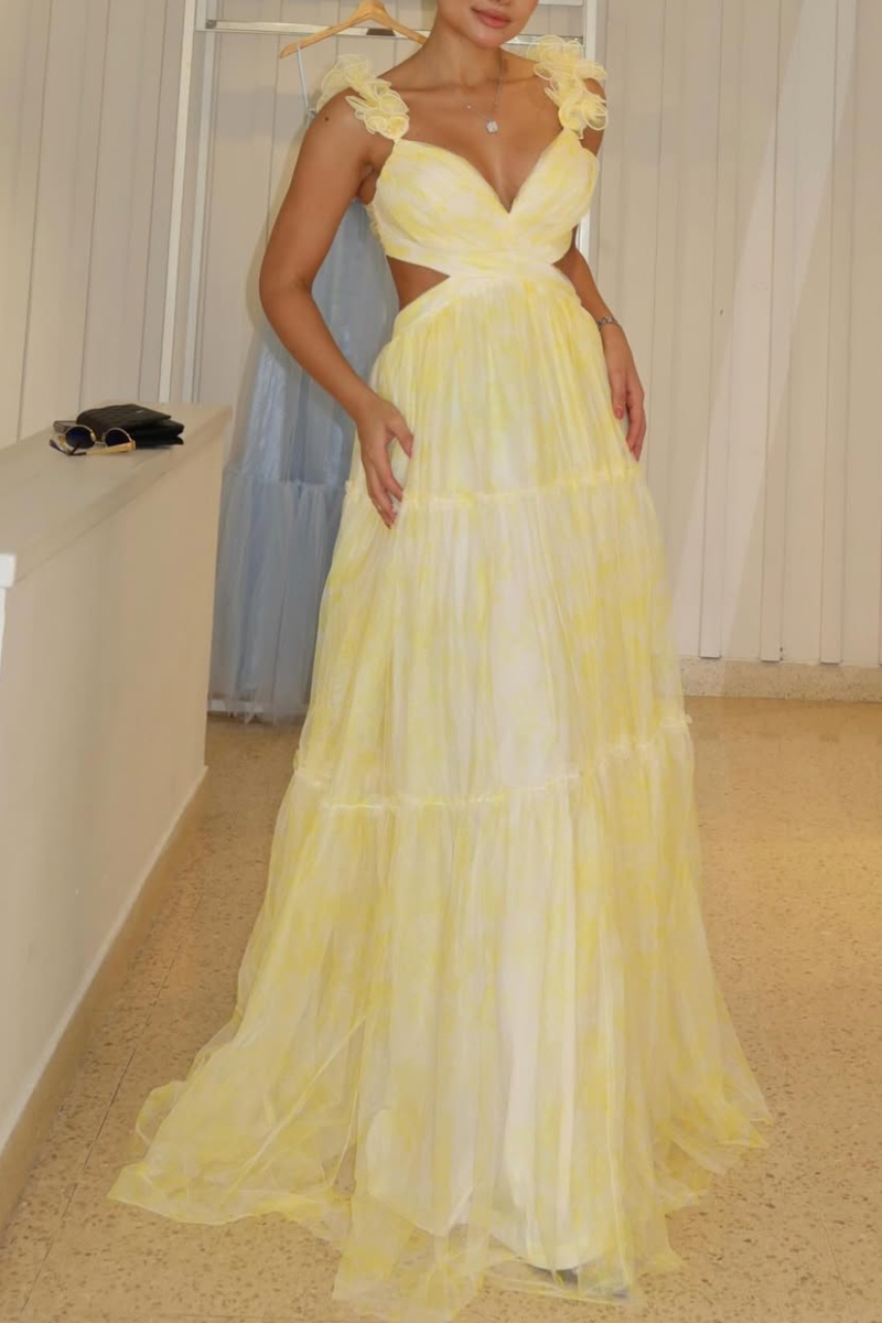 Women's V-Neck Cutout Tiered Tulle Maxi Dress With Flower Straps