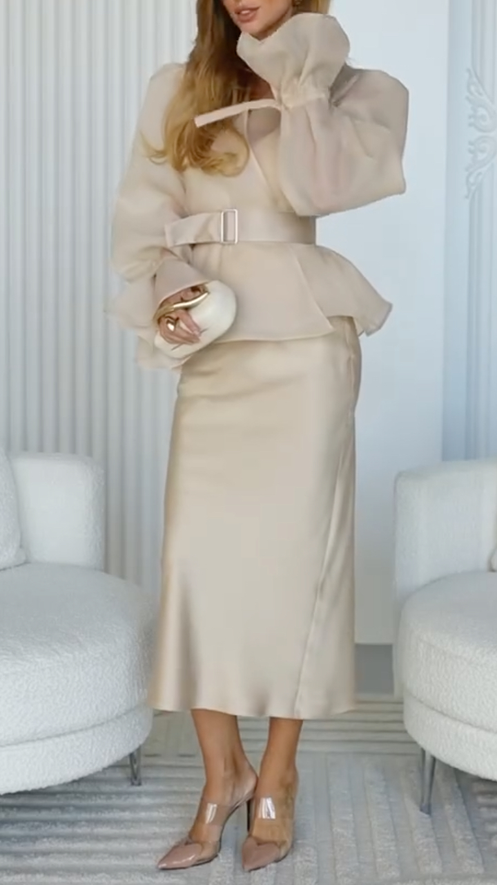 Women's Satin V-Neck Dress + Chiffon Cardigan Elegant Set