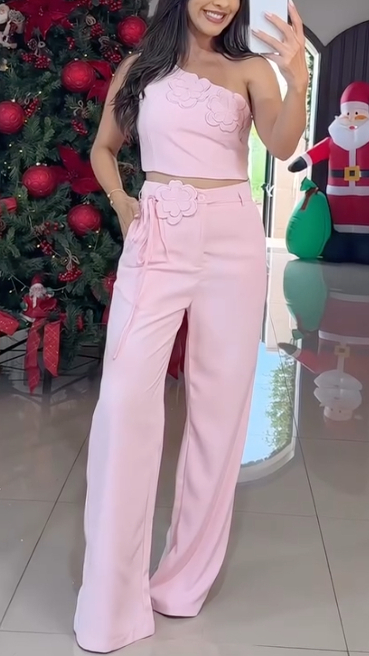 Women's 3D Floral One-Shoulder Cropped Tube Top + Wide-Leg Suit