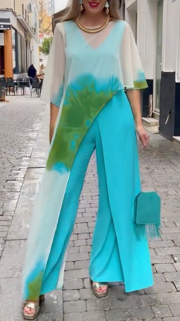 Tie-Dye Chiffon Asymmetrical Top & Wide-Leg Pants Set