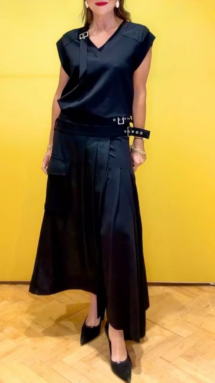 Black Satin Patchwork Buckle Decor Irregular Asymmetrical Skirt Two Piece Set