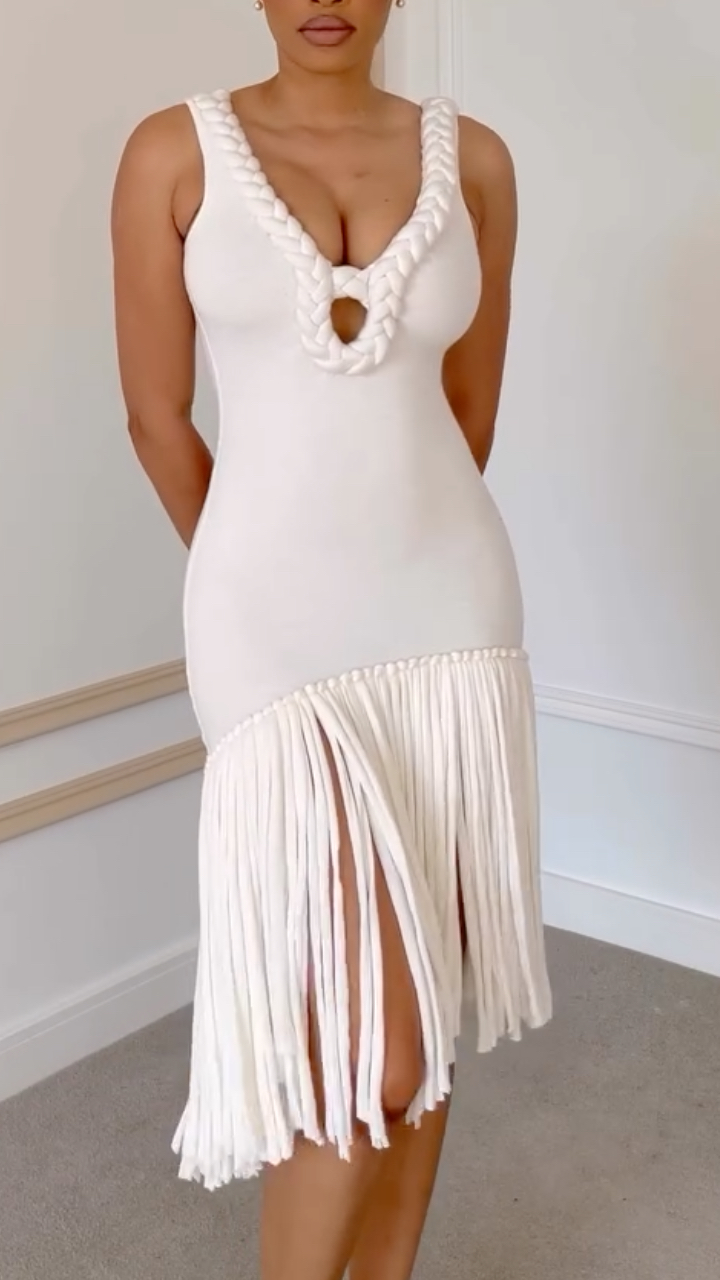White Knit Braided Fringe Midi Bodycon Dress