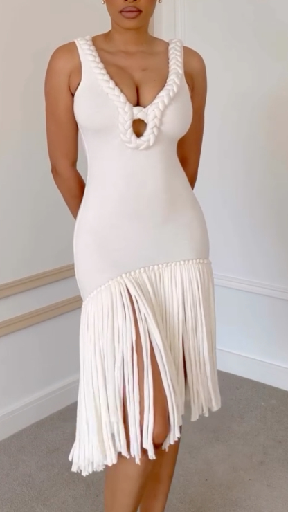 White Knit Braided Fringe Midi Bodycon Dress