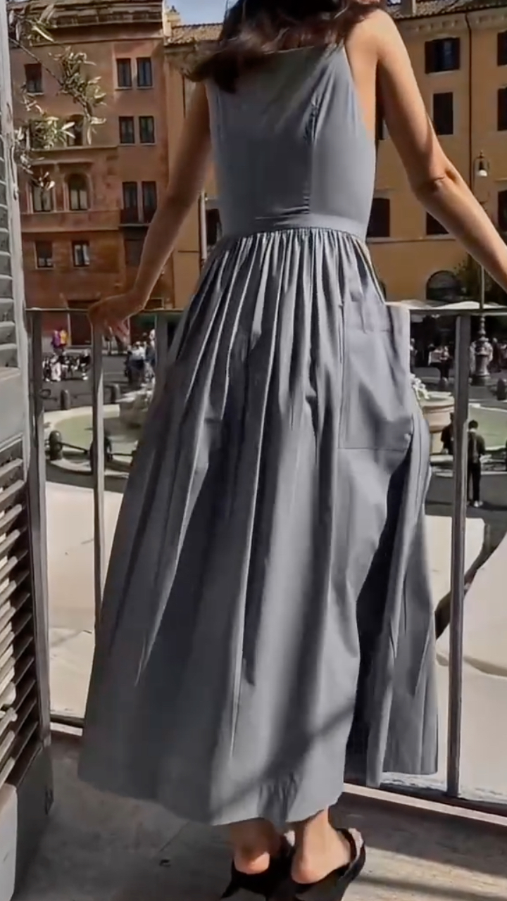 Women's Pure Cotton Halter Neck Vest Dress With Pleats A-Line Dress