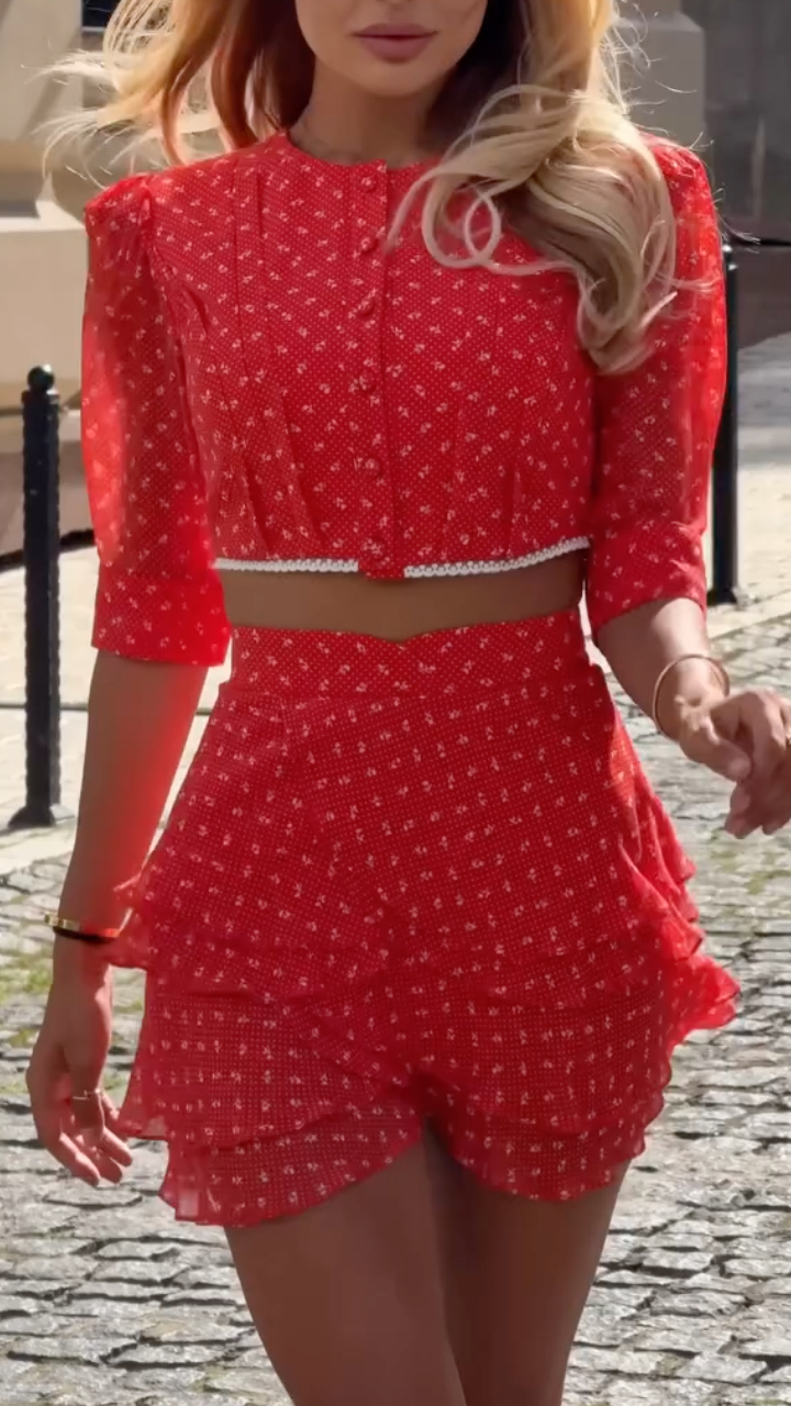 Red Floral Two-Piece Mini Dress Set