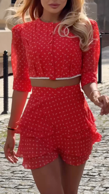 Red Floral Two-Piece Mini Dress Set