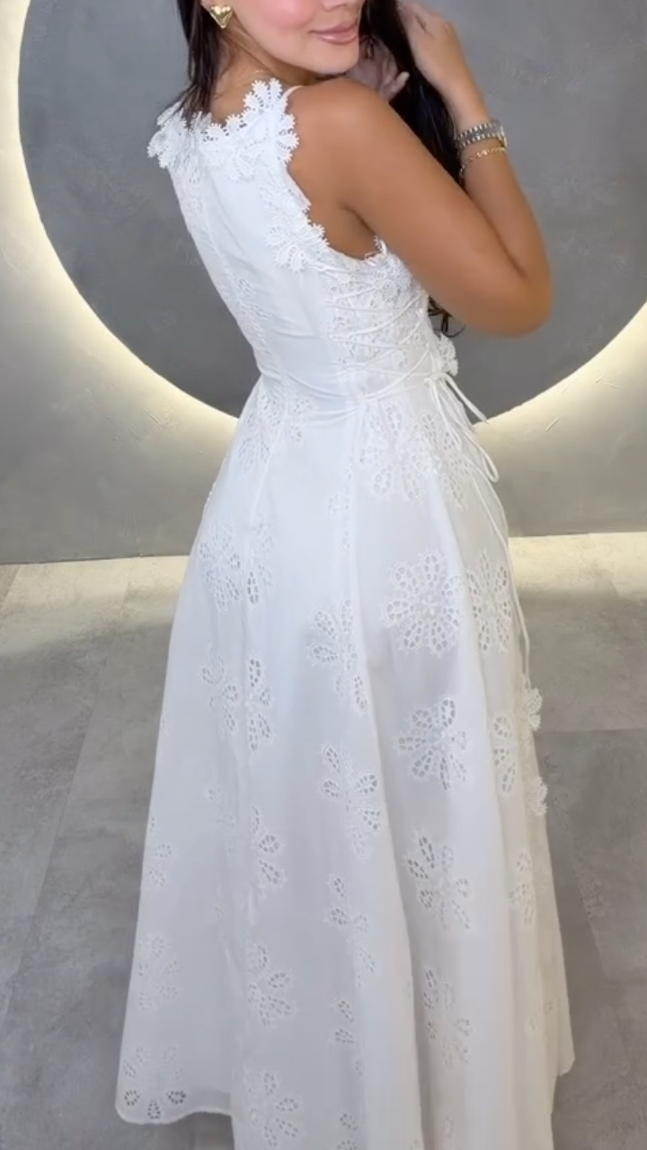 White Floral Eyelet Lace Spaghetti Strap Maxi Dress