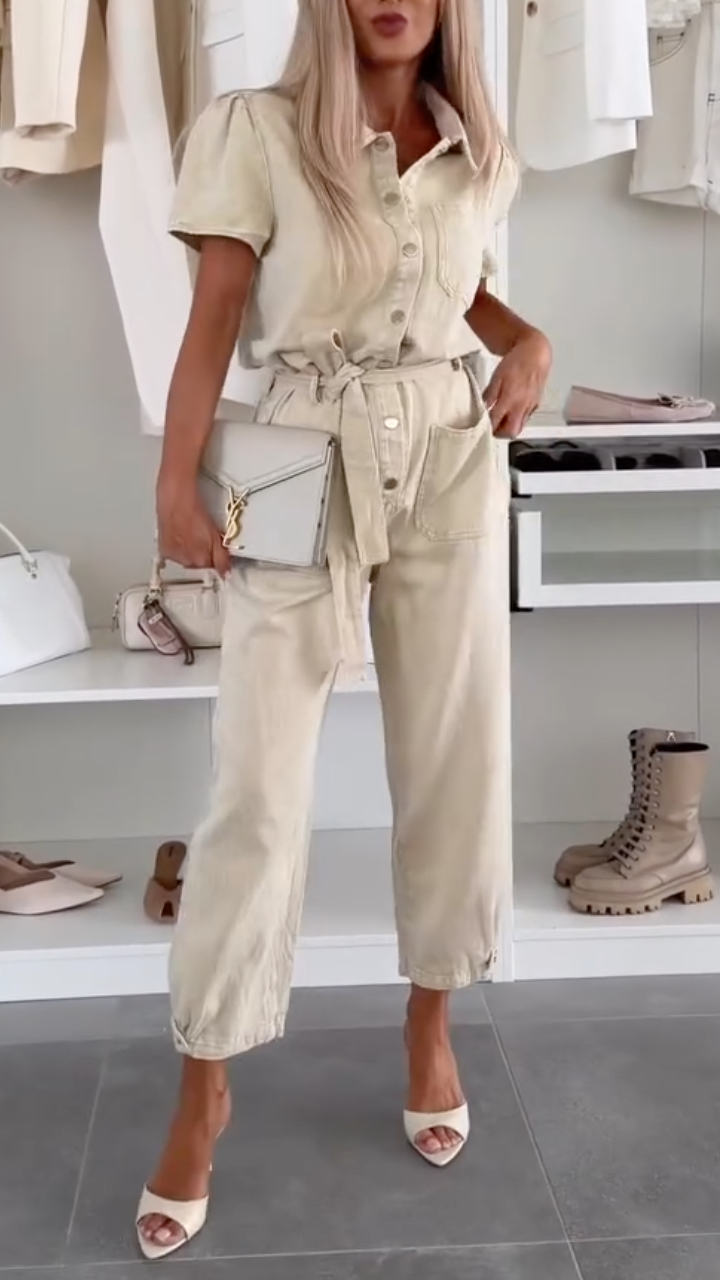 Women's Collared Denim Lace-Up Casual Jumpsuit