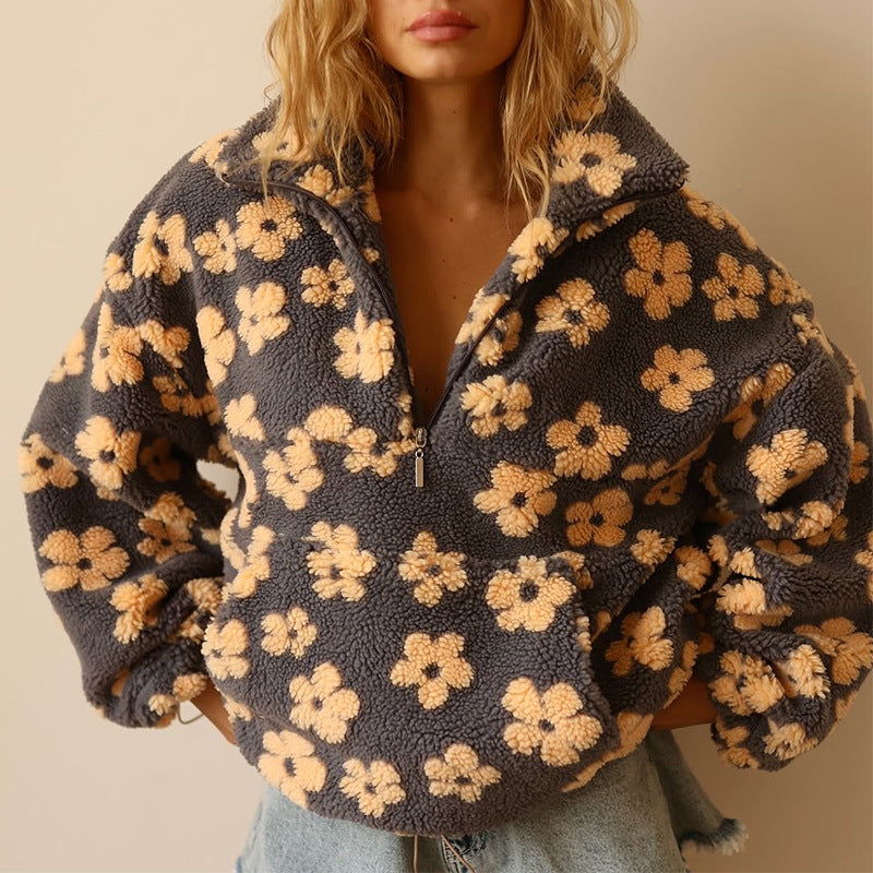 Women's Floral Print Faux Fur Sherpa Half Zip Up Fleece Sweatshirt