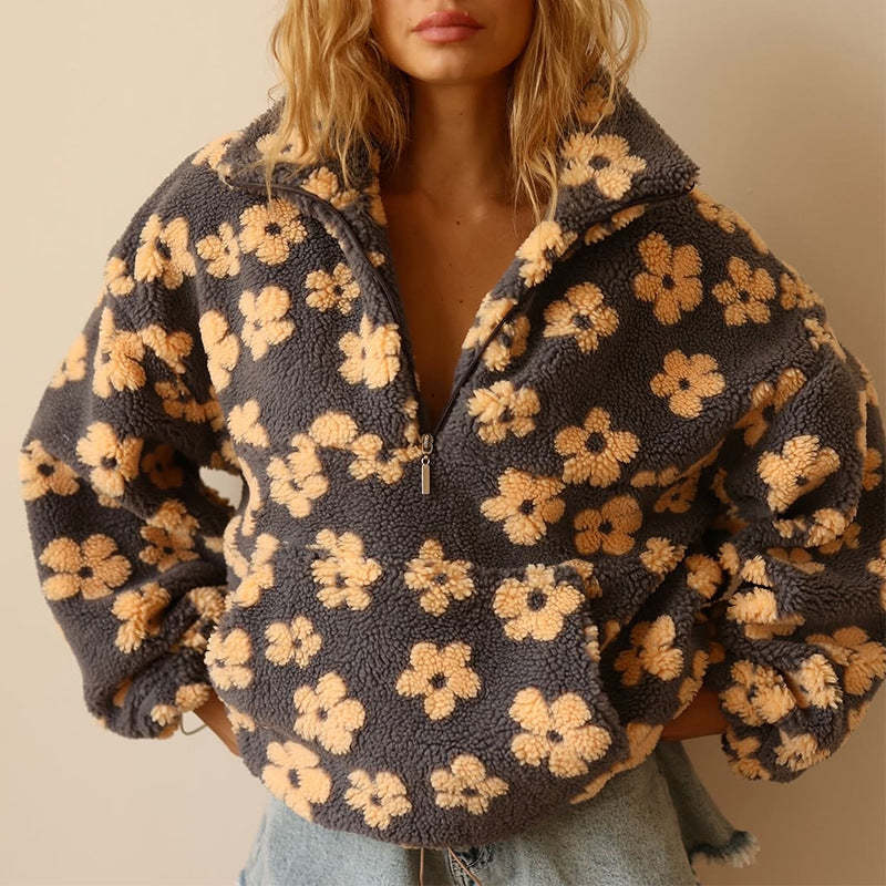 Women's Floral Print Faux Fur Sherpa Half Zip Up Fleece Sweatshirt
