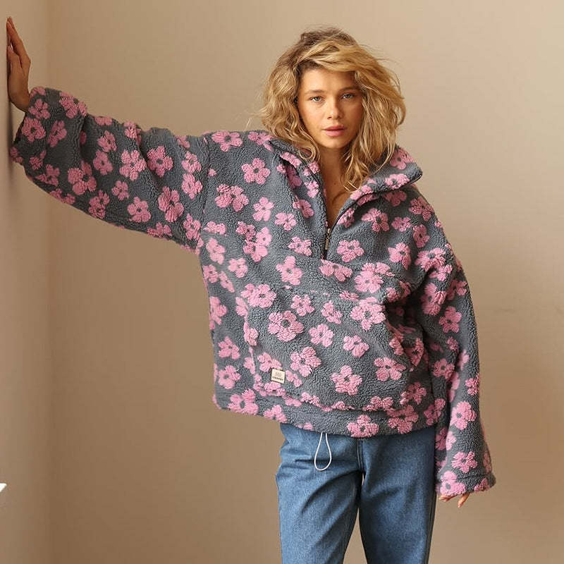 Women's Floral Print Faux Fur Sherpa Half Zip Up Fleece Sweatshirt