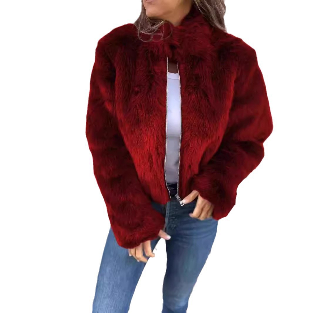 Autumn And Winter Women'S Imitation Fur Turtleneck Zipper Casual Top Jacket
