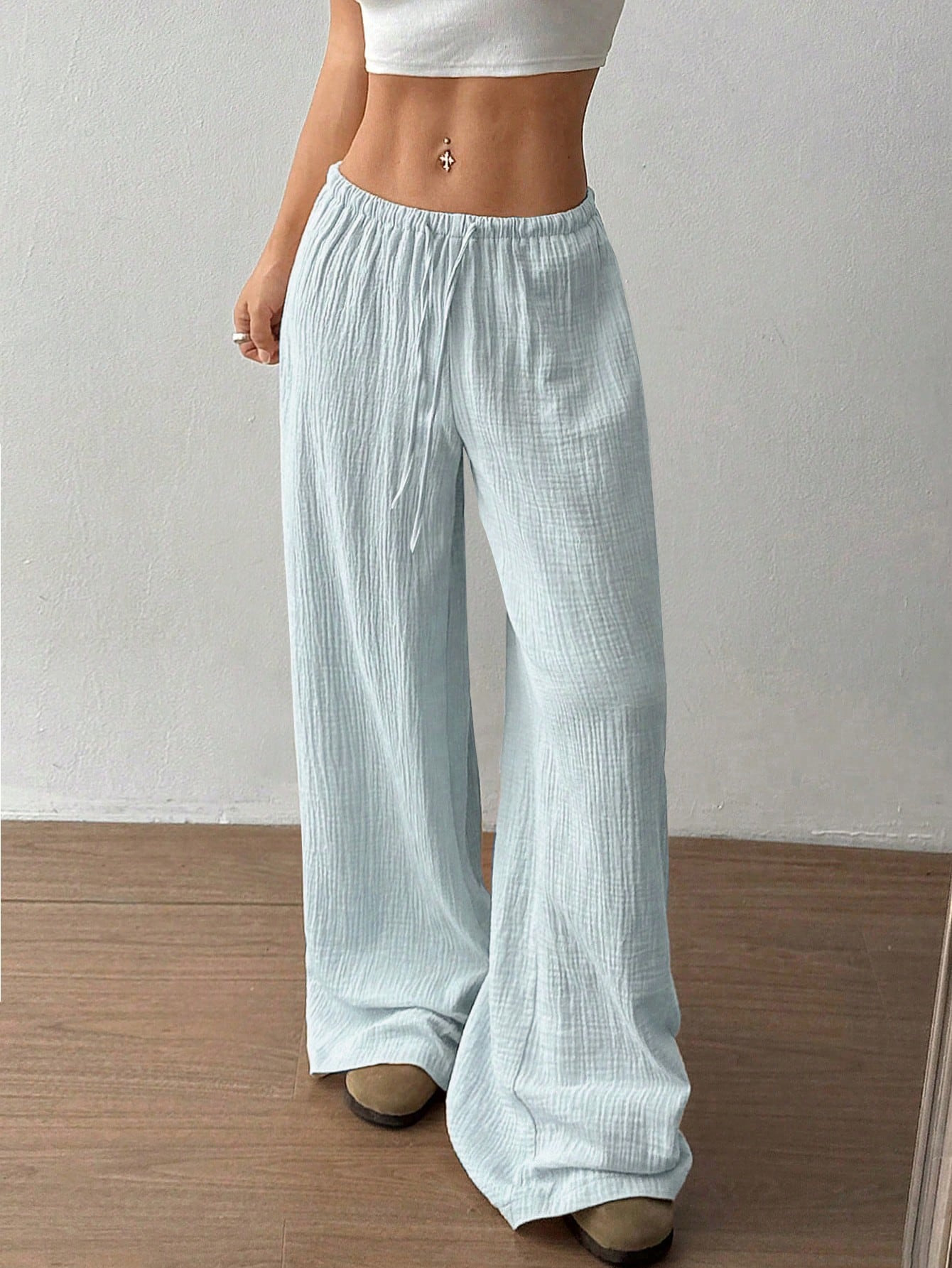 Ladies' Drawstring Solid Color Casual Loose Pants