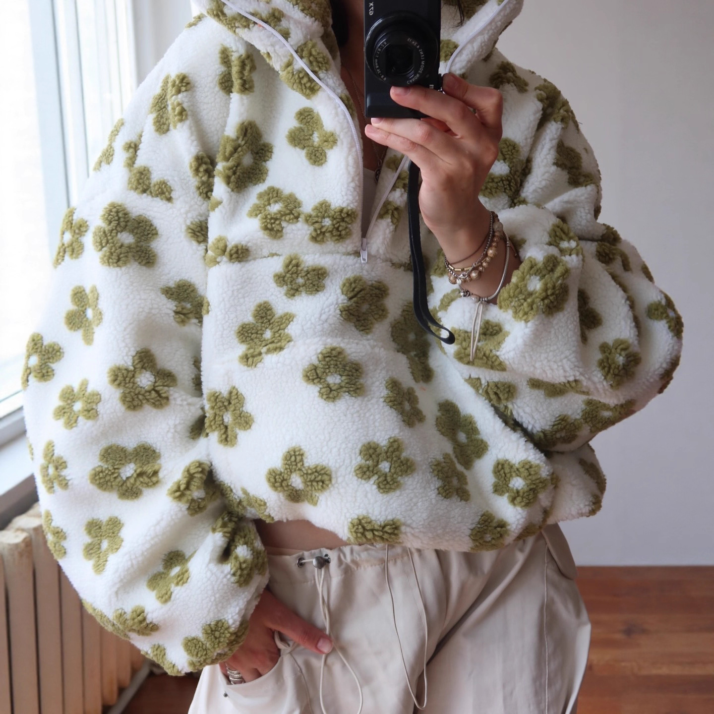 Women's Floral Print Faux Fur Sherpa Half Zip Up Fleece Sweatshirt