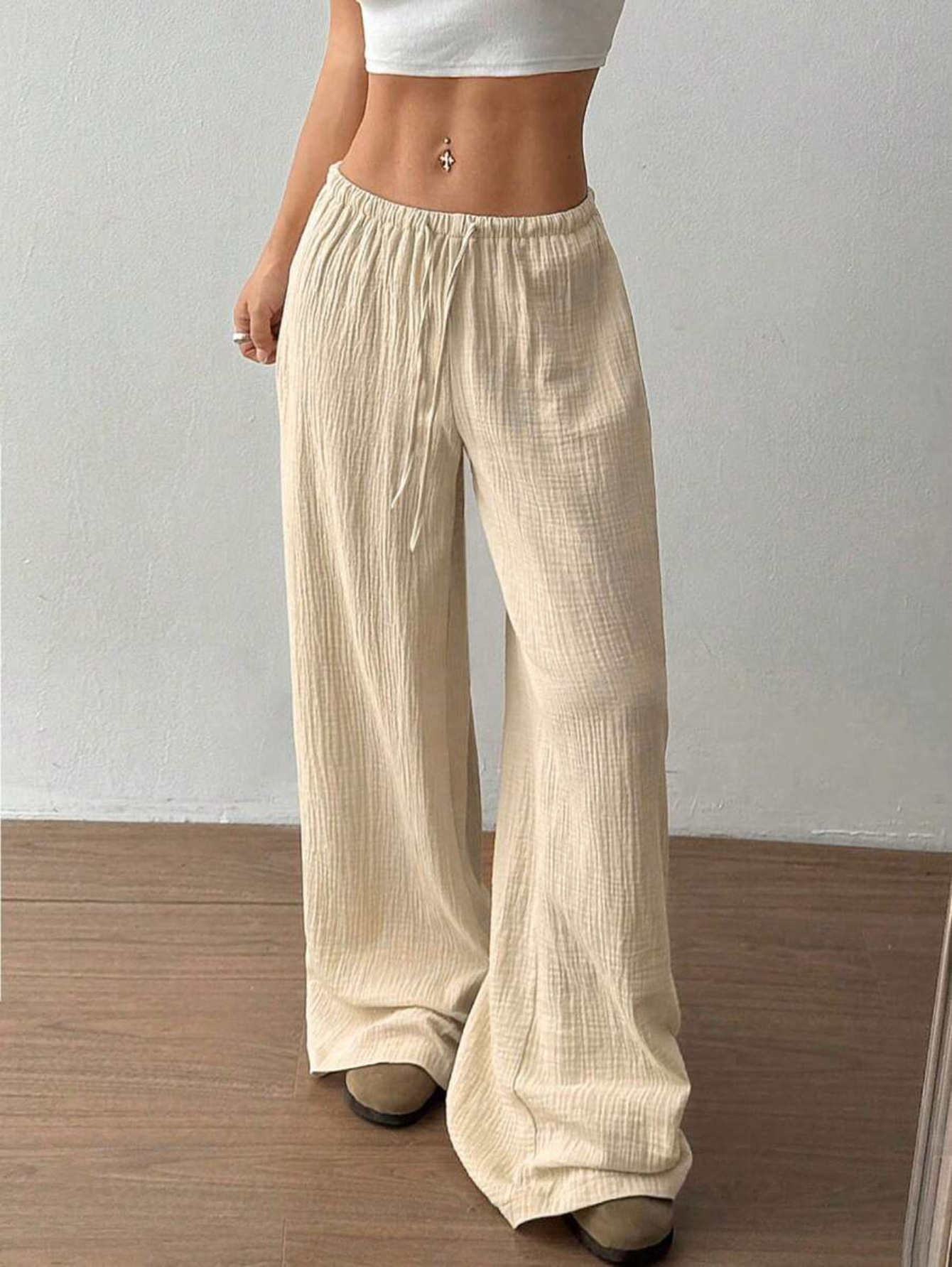 Ladies' Drawstring Solid Color Casual Loose Pants