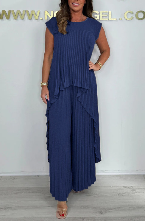 👗Laney Pleated Short Sleeve Irregular Midi Top and Elastic Waist Wide Leg Pants Set✨