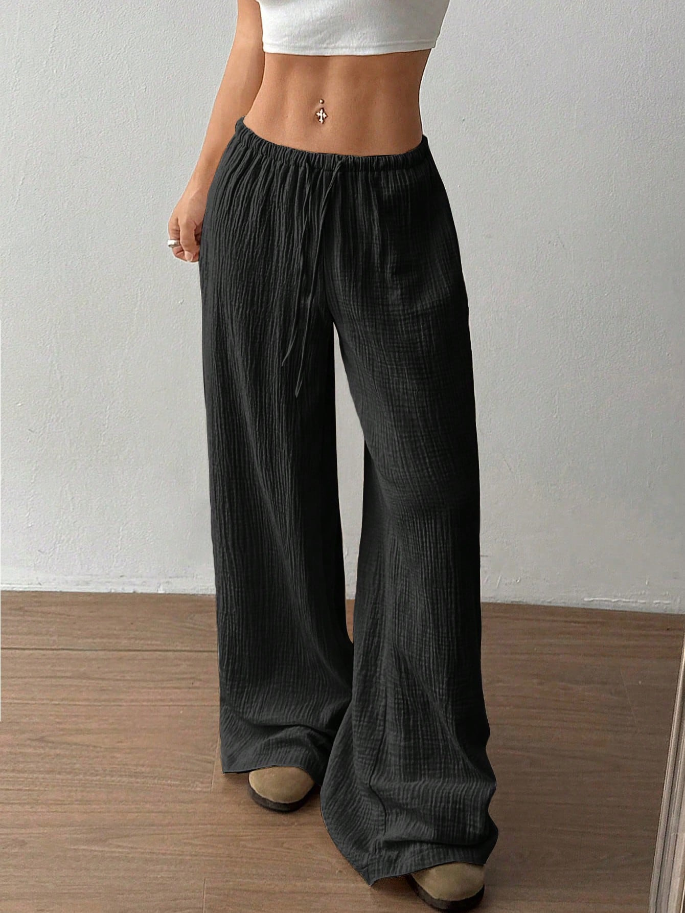 Ladies' Drawstring Solid Color Casual Loose Pants