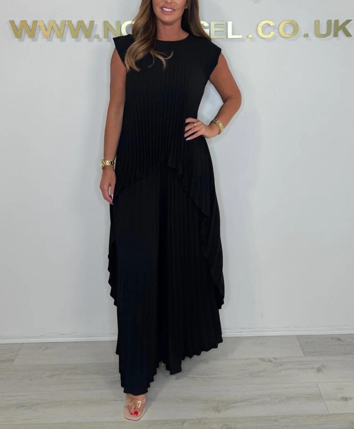 👗Laney Pleated Short Sleeve Irregular Midi Top and Elastic Waist Wide Leg Pants Set✨