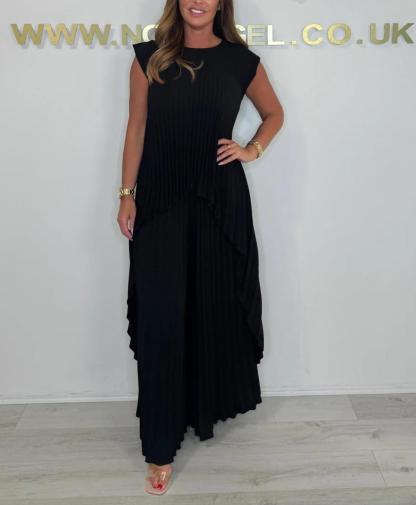 👗Laney Pleated Short Sleeve Irregular Midi Top and Elastic Waist Wide Leg Pants Set✨