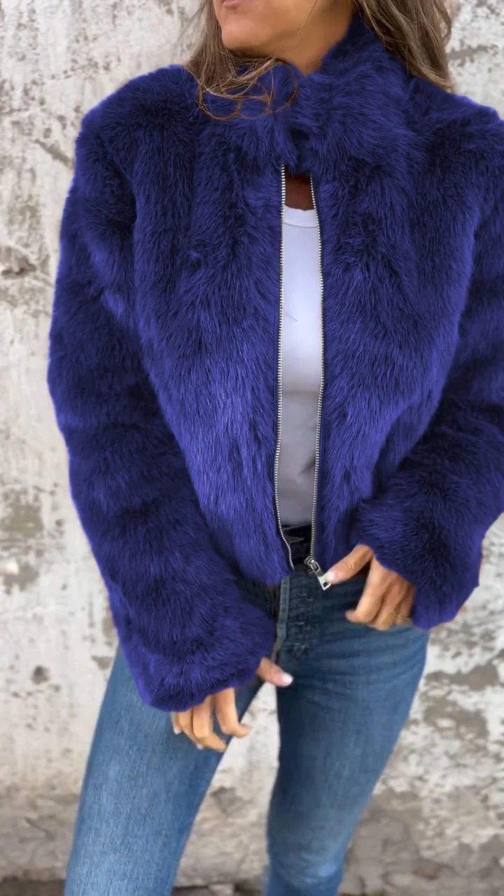 Autumn And Winter Women'S Imitation Fur Turtleneck Zipper Casual Top Jacket