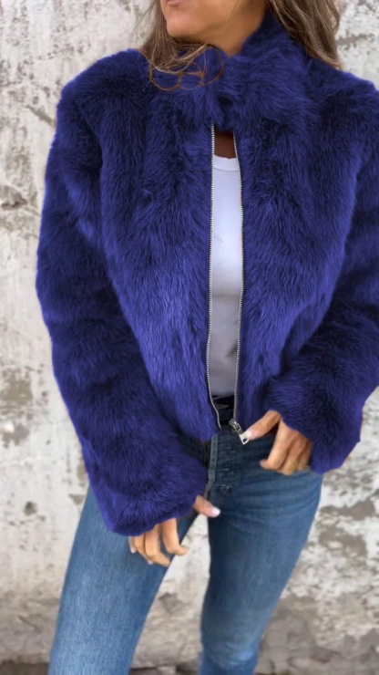 Autumn And Winter Women'S Imitation Fur Turtleneck Zipper Casual Top Jacket