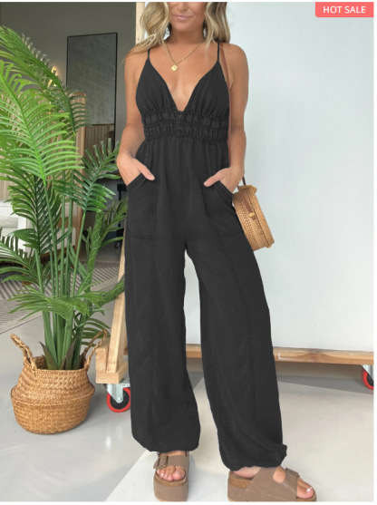 Ladies' Spaghetti Strap Patchwork Casual Jumpsuit