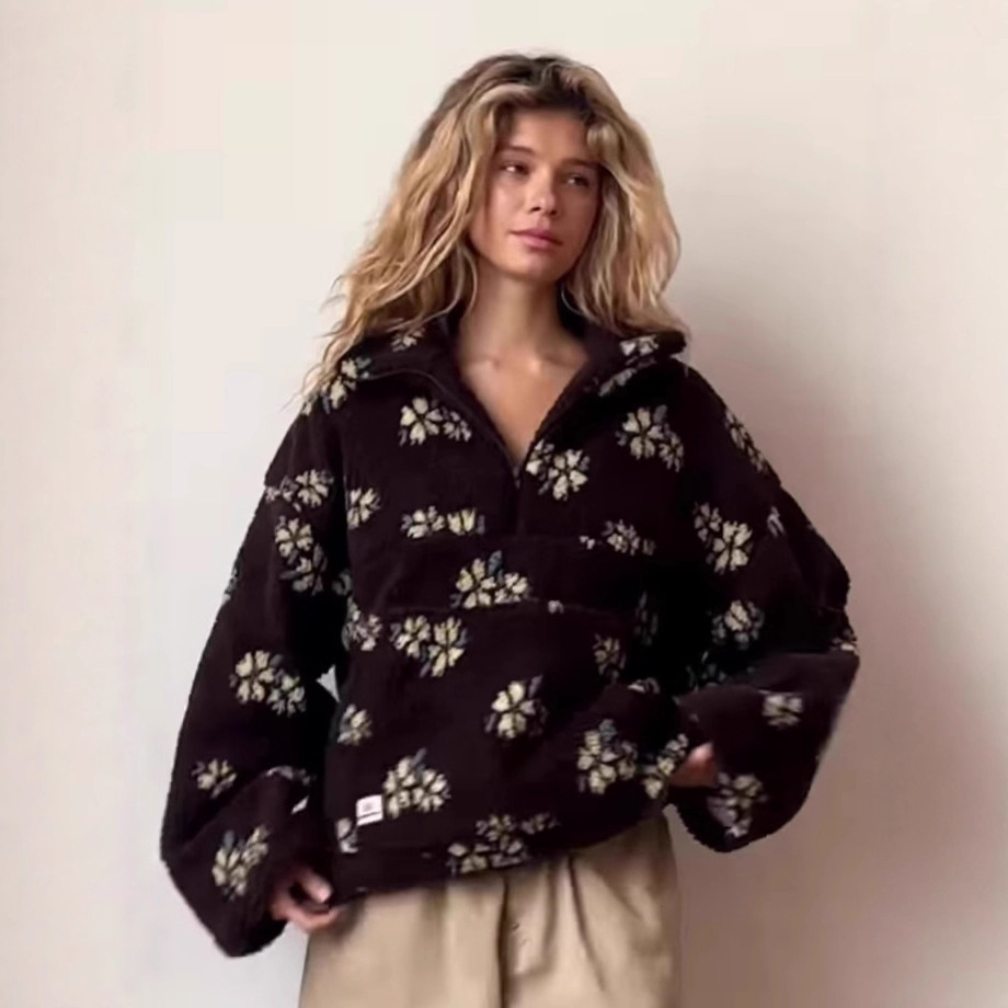 Women's Floral Print Faux Fur Sherpa Half Zip Up Fleece Sweatshirt