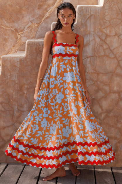 Ladies' Spaghetti Strap Patchwork Printed Casual Dress
