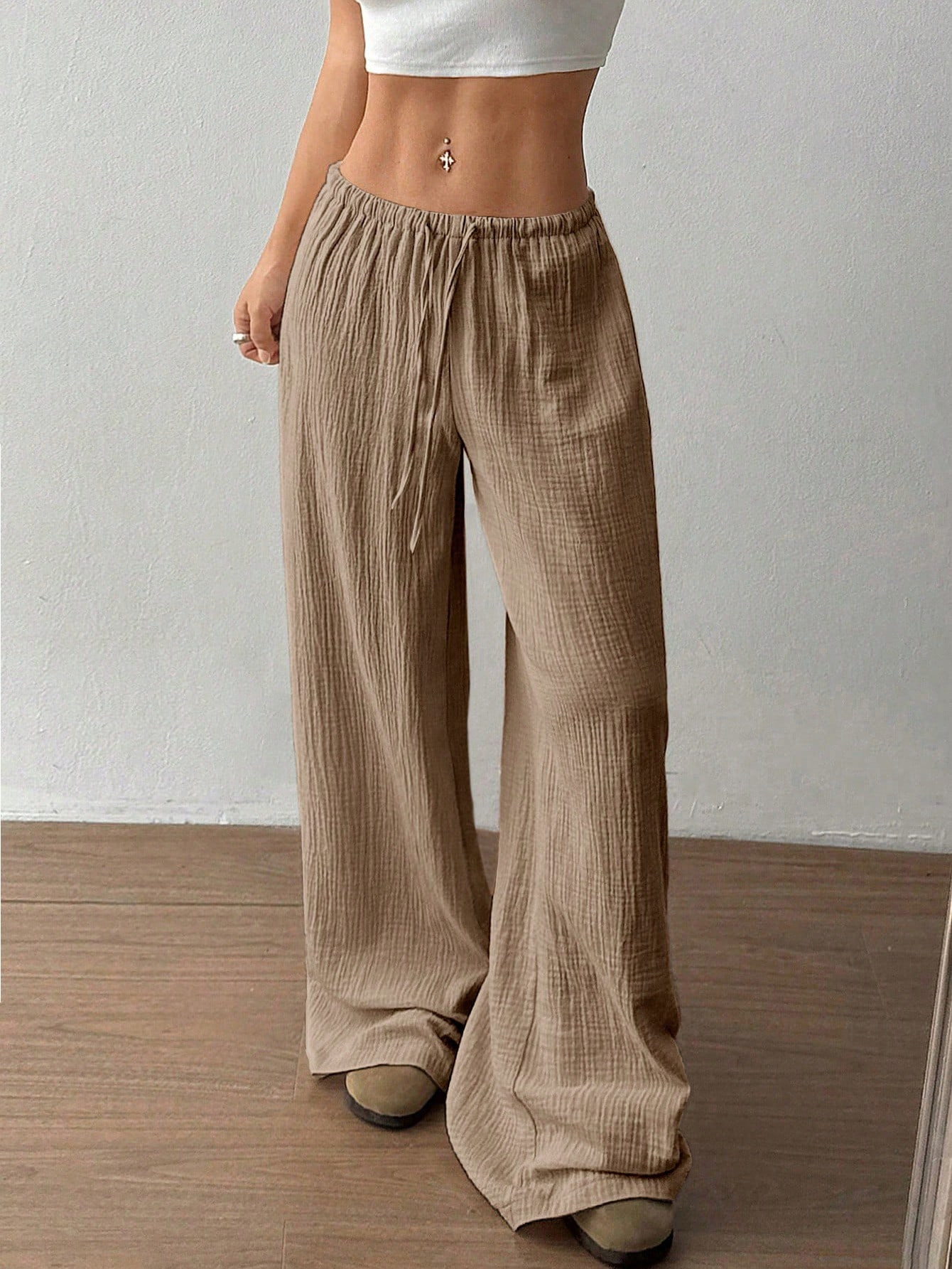 Ladies' Drawstring Solid Color Casual Loose Pants