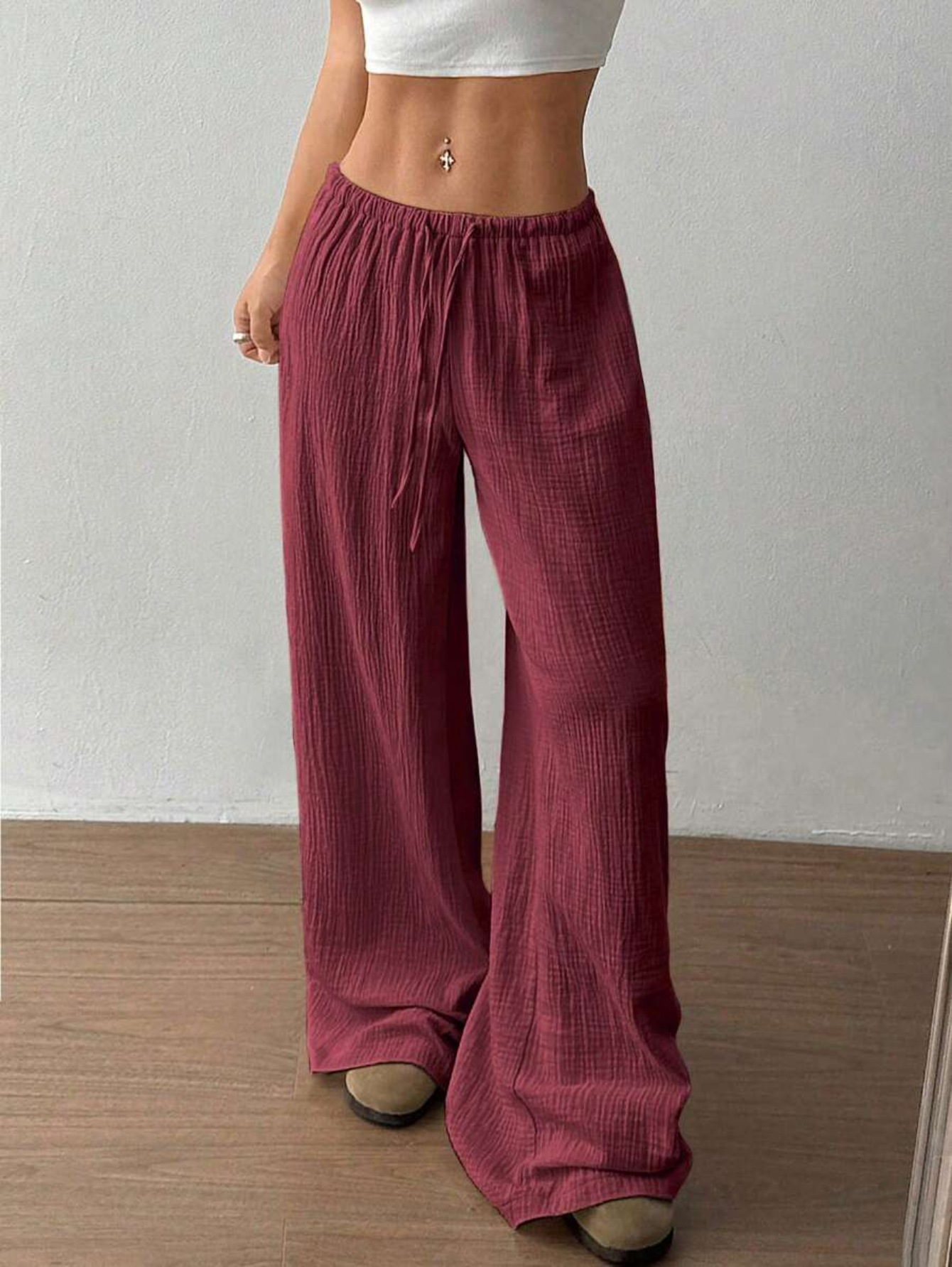 Ladies' Drawstring Solid Color Casual Loose Pants