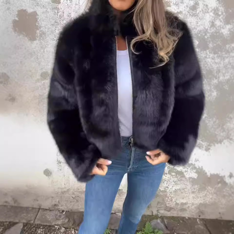 Autumn And Winter Women'S Imitation Fur Turtleneck Zipper Casual Top Jacket