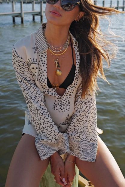 Satin Unique Print Tassel Shirt and Elastic Waist Shorts Set