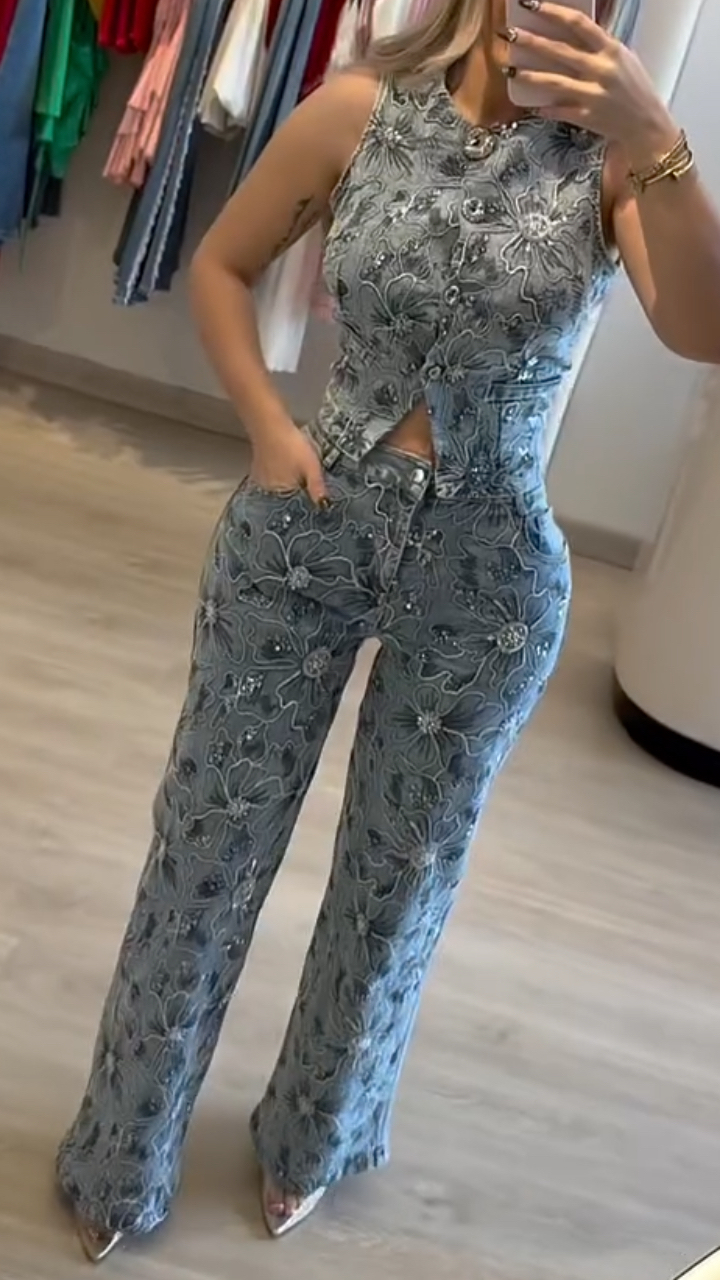 Women's Heavy Sequined Floral Embroidered Denim Two-Piece Set