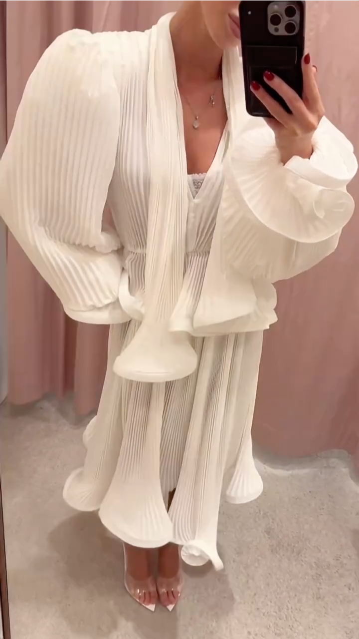 White Pleated Ruffle Two-Piece Dress Set