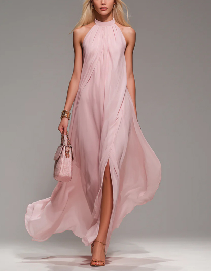 Halter Sleeveless Slit Chiffon Maxi Dress