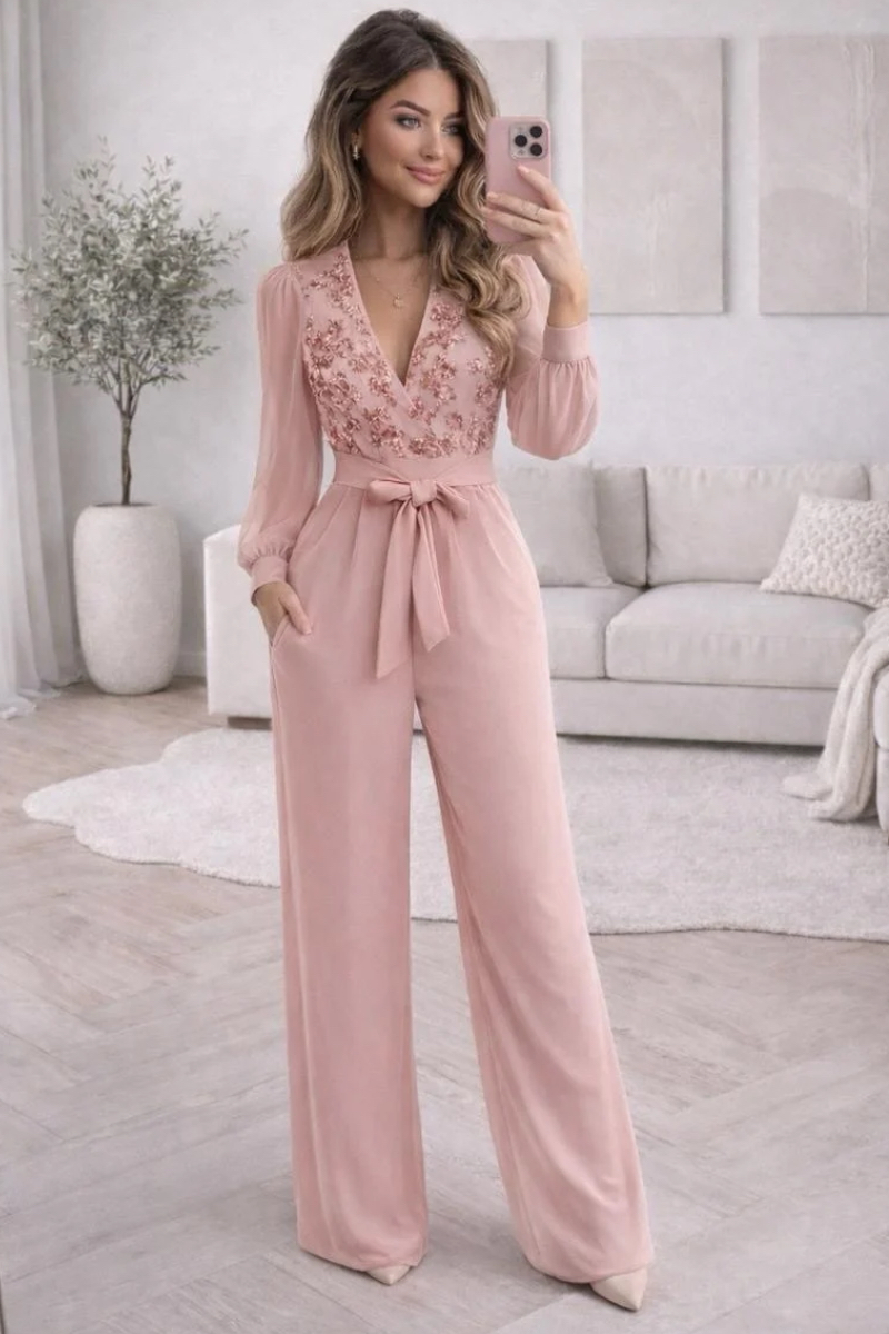 Women's V-Neck Sequined Embroidered Patchwork Jumpsuit