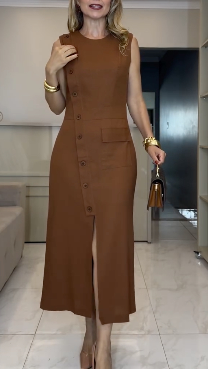 Brown Sleeveless Button‐Front Midi Dress