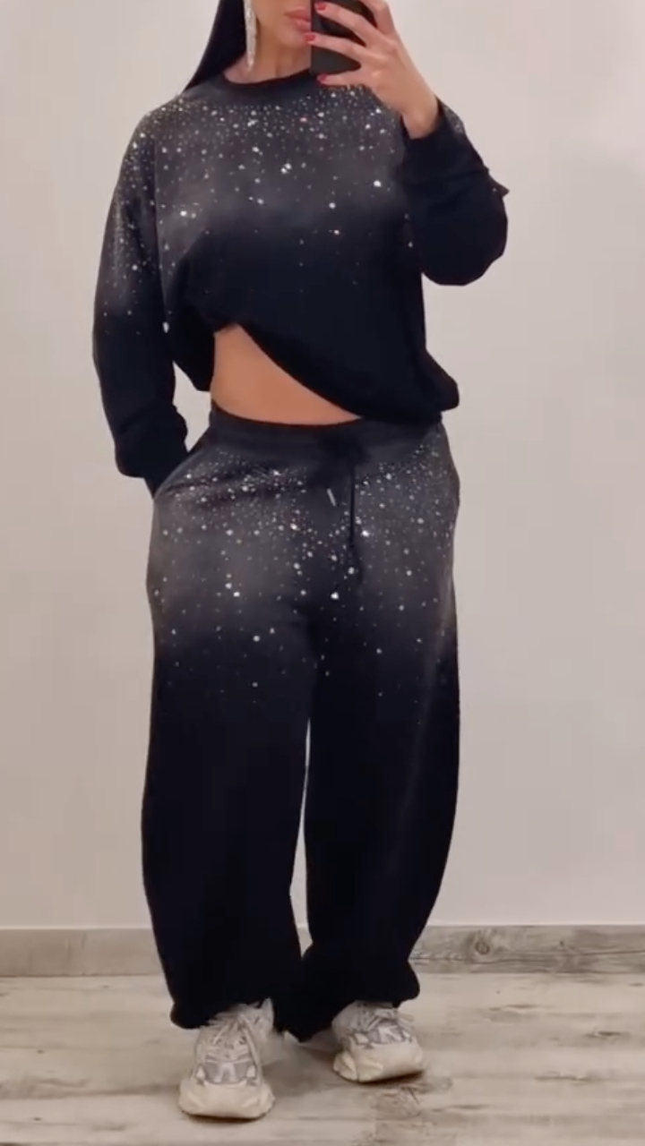 Women's Gradient Rhinestone Casual Hoodie Set