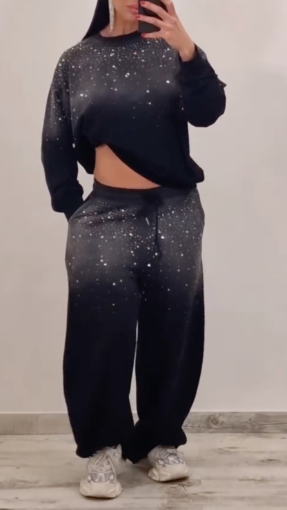 Women's Gradient Rhinestone Casual Hoodie Set