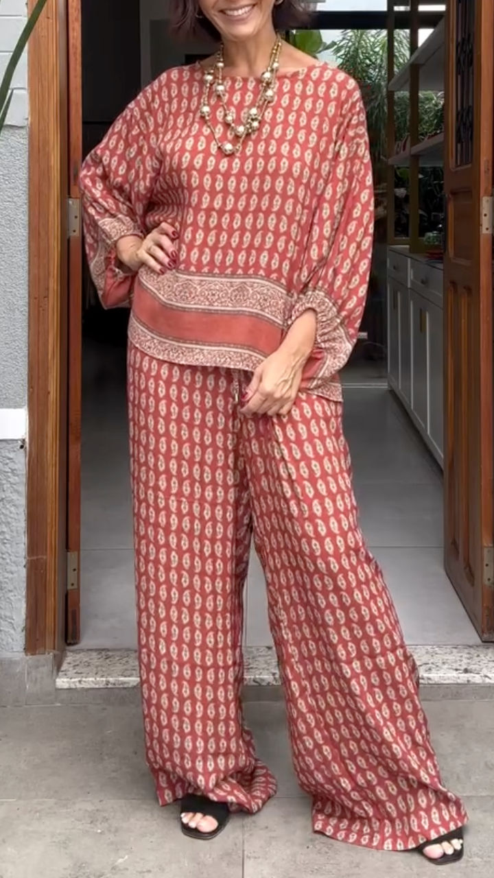 Print Batwing Sleeve Top & Wide Leg Pants Co‐Ord Set