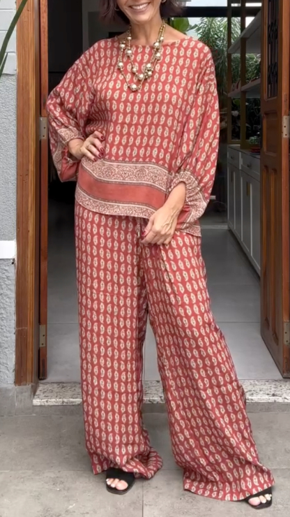 Print Batwing Sleeve Top & Wide Leg Pants Co‐Ord Set