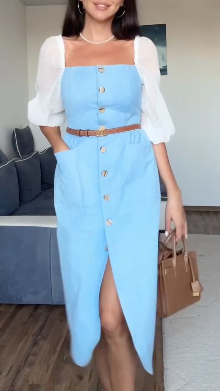 Light Blue Off-Shoulder Puff Sleeve Slit Dress
