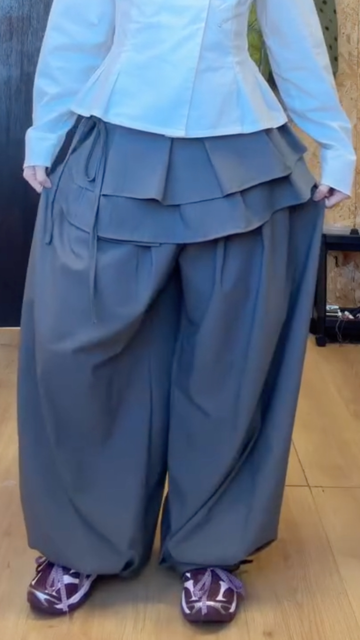 Women's Ruffled Belt + Wide-Leg Lantern Pants