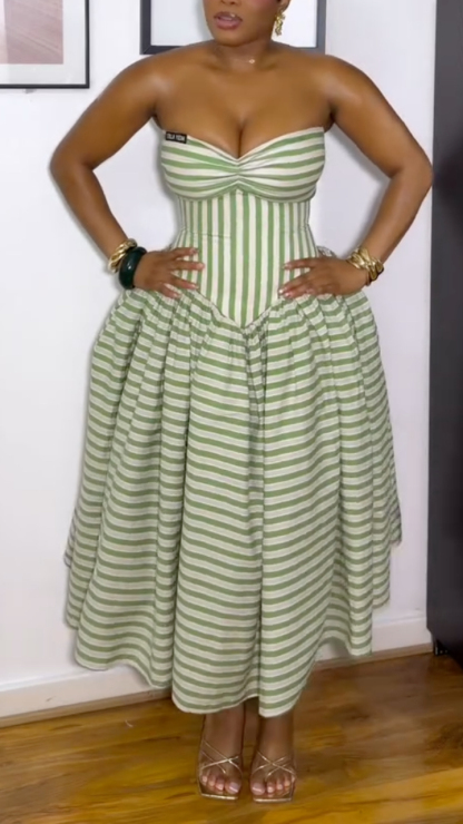 Green And White Striped Strapless Twist Bust High Waist Flared Midi Dressni Dress