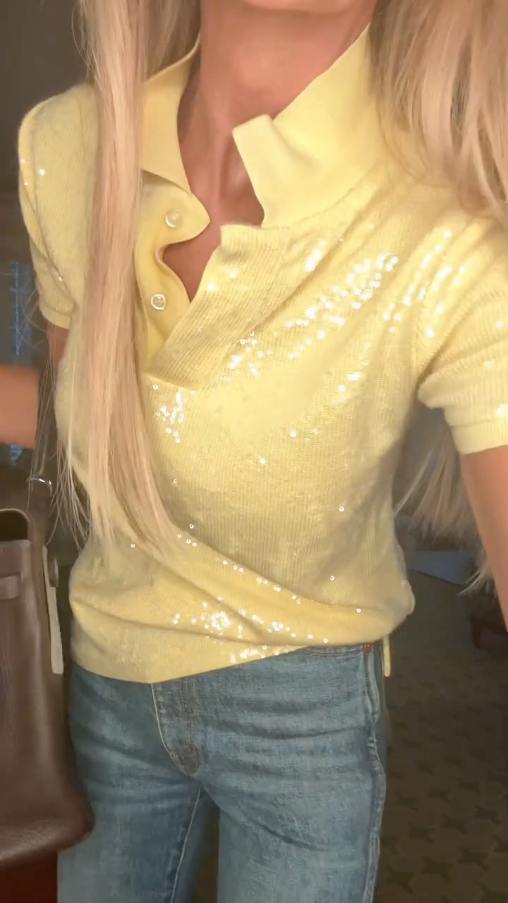 Sequined Polo Top & Denim Flare Pants Co‐Ord Set