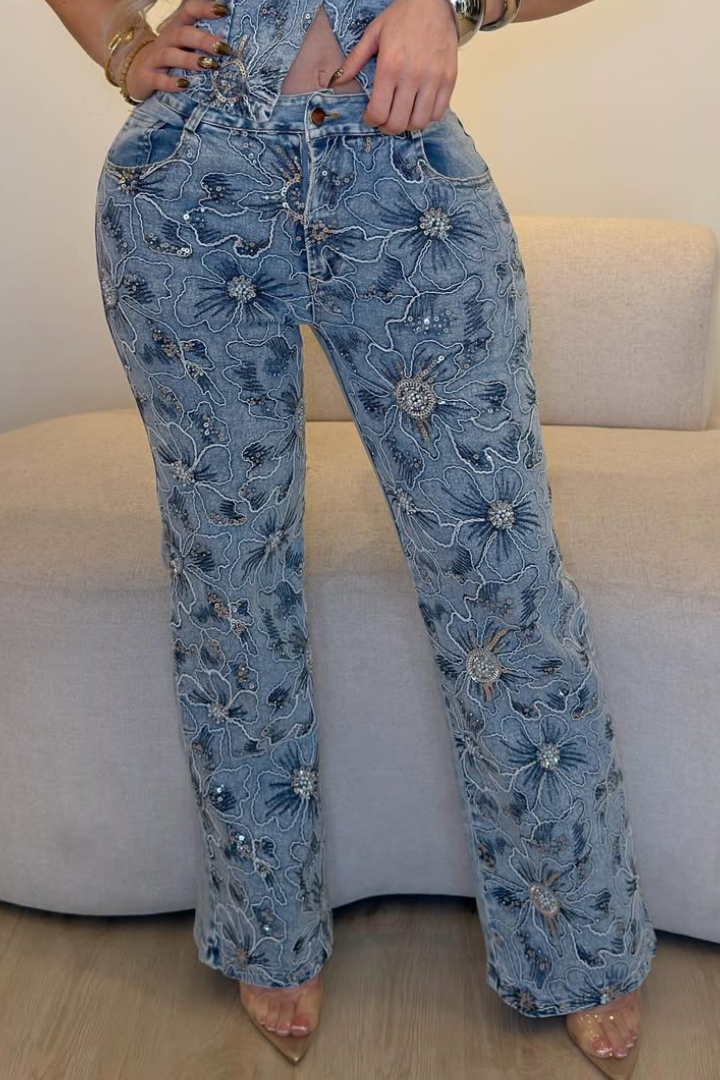 Women's Heavy Sequined Floral Embroidered Denim Two-Piece Set