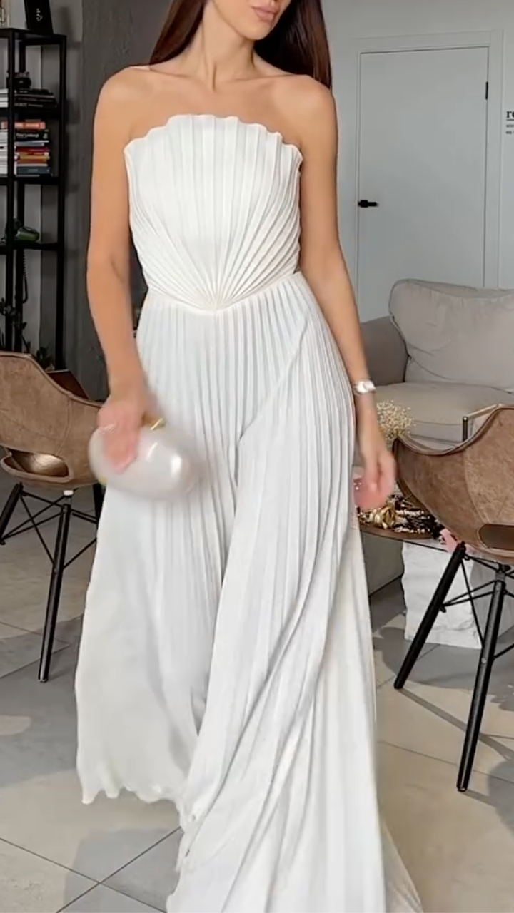 White Pleated Strapless Maxi Dress