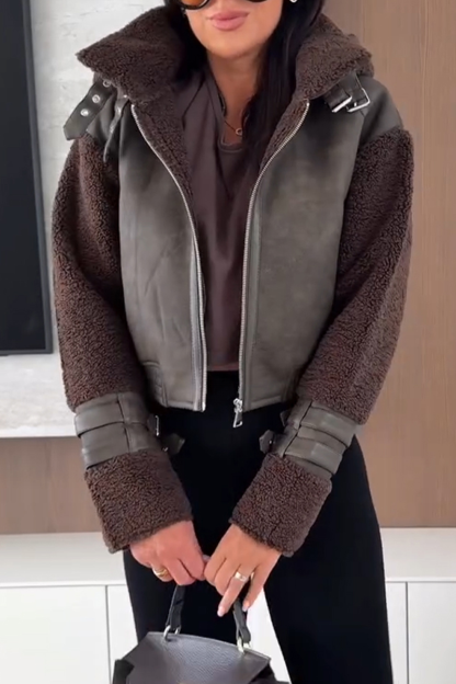 Women Lapel Leather Stitching Plush Temperament Casual Jacket