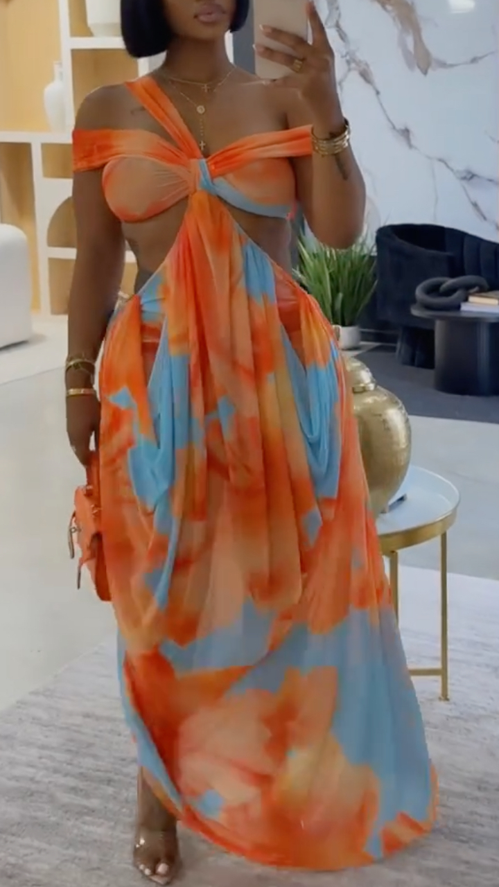 Orange‐Blue Tie‐Dye Cutout Maxi Dress