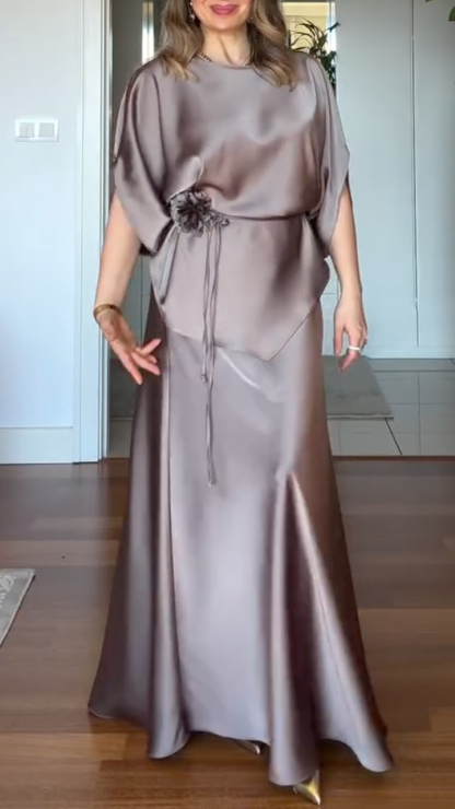 Women's Round Neck Satin Waist-Cinching Elegant Suit